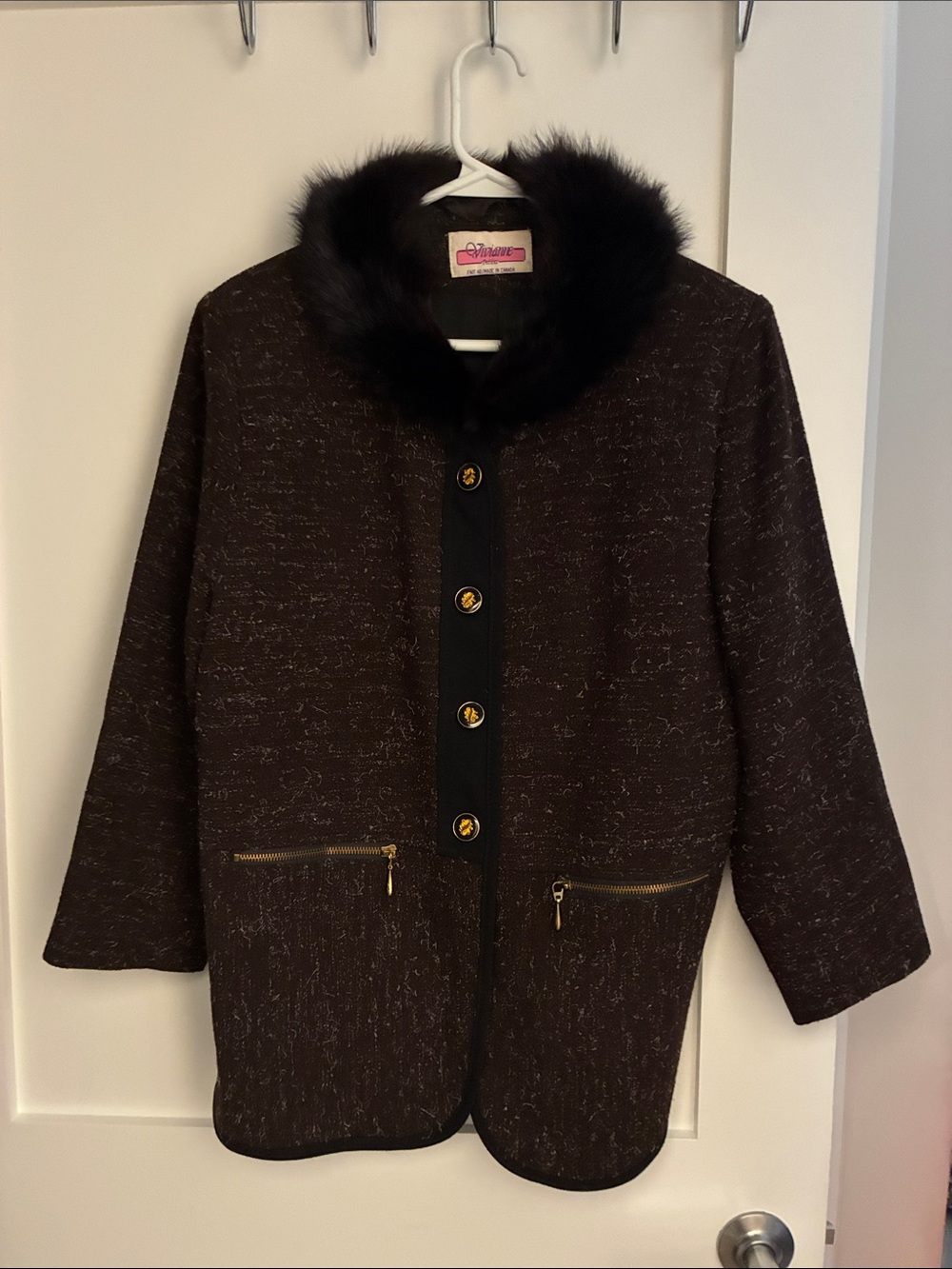 Vivianne Vintage Brown Wool Blend Coat Detachable Fur Collar Made Canada